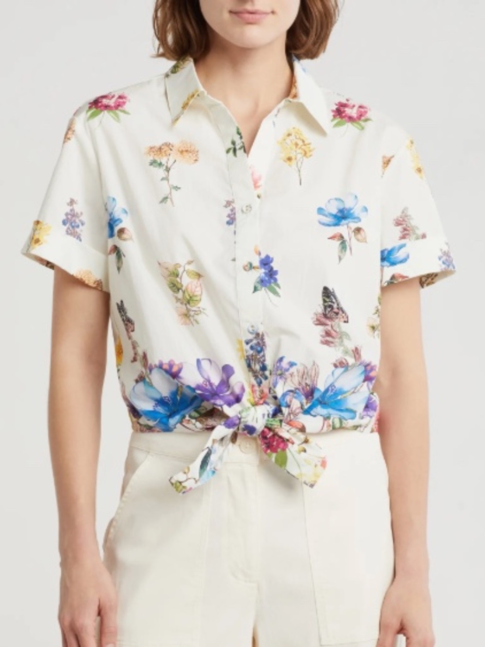 Unworn Industry Butterfly Floral Short Sleeve Tie Front Cotton Crop Top